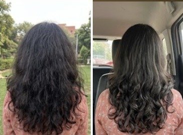 Megha's hair before and after using the u.elem conditioner